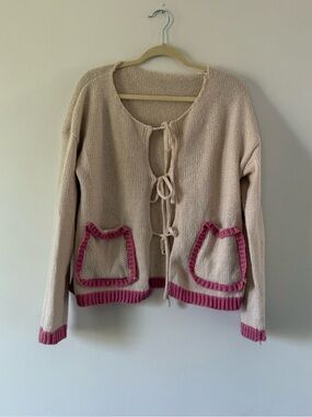 Women’s Beige Tie Front Knit Cardigan Pink Contrast Trim Pockets Size M Coquette